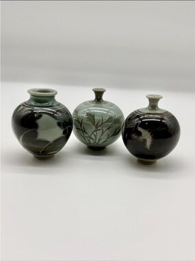 Set of 3 Small Celadon-Style Ceramic Vases - Green and Black
